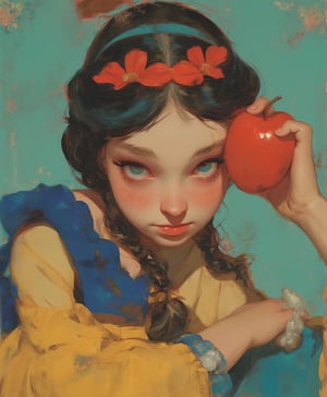 animaportrait of princess Snow White from Disney, with an apple on her hand, dressed with Snow White costume, framed by a teal background, european and vibrant, colorful, contrast, very aesthetic.