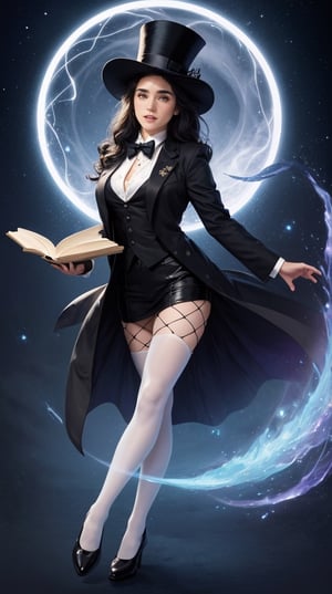 1 girl, full body, Zatanna, cute face, smile, black jacket, (black bowtie), (detailed white vest), fishnet, pantyhose, (top hat), (pale skin), colorful, Unknown terror, arcane, Around the magic ,magic surrounds ,magic rod, flying books, pages flying all over the sky, Know it all, Predicting the Future, Know the past, Infinite wisdom, blue flame, Warlock, Magical Circle, Pentagram, incantation, mantra, Singing magic, magical circle, circle, night background, JenniferConnelly