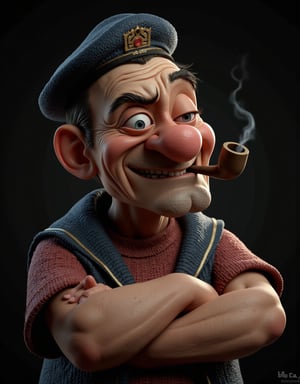 Portrait shot of a realistic POPEYE THE SAILOR. He is very old with wrinkles and age marks. He has bulging forearms, a squinty eye, screwed-up face and a pipe in his mouth. ((masterpiece: 1.2), (best quality, ultra detailed, photo realistic: 1.37) high quality, high definition, super detailed, unreal engine, award-winning photograph, ultra realistic photography, 3d, 8k, cinematic lighting, volumetric lights, hard edge lighting, hyper-realistic photography, HDR, volume. 