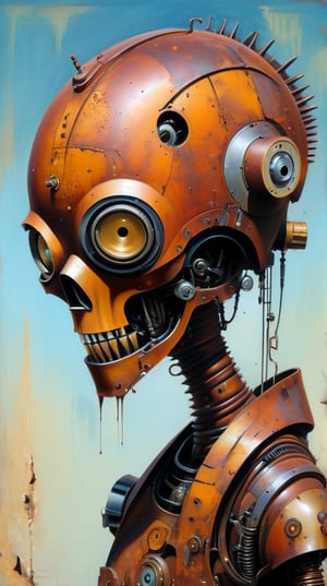 strange surreal, mechano-organic anthropomorphic characters, rust, old peeling multilayer paint, cyberpunk, gothic, masterpiece from the amazing, incomparable, greatest artist of our time, ingenious painter, talented creator of masterpieces Dan Slumper, high detail, bicubic, 300dpi