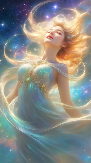 (a beautiful woman floating in the void of space),illustration,highest quality,ultra-detailed,realistic,sparkling stars,vibrant galaxies,body glowing in ethereal light,flowing hair,peaceful expression,futuristic atmosphere,cosmic colors,soft gentle hues,subtle shadows,celestial bliss,serene tranquility