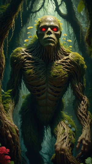 art by (apterus:1.3). shot from below of (((The Swamp Thing))) overgrown with vegetation and flowers. Amazing anatomy, (glowing red eyes), wood, leafs, cracks, moss, (apterus creepy anatomy:1.2), swampthing, dark mood, swamp