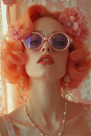 Portrait of a woman with baroque-inspired hair in shades of pinks and oranges, wearing vintage sunglasses, with rococo-inspired floral patterns, a dreamy atmosphere,  close-up, surrealistic, and soft lighting, pastel colors, in the style of David LaChapelle, shot on Kodak Portra film stock, high resolution