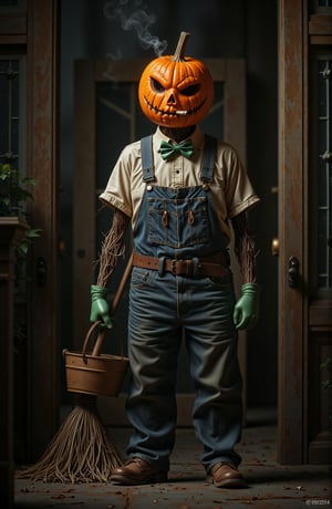 Portrait of Mervyn Pumpkinhead, a character with a carved pumpkin for a head, always wearing a grumpy expression. His pumpkin features are etched with intricate details, hollow eyes and he is smoking a cigar. He wears a dirty white shirt, a blue denim overalls, and a green bow tie. His hands are clad in green gloves, and he wears worn leather boots. Mervyn’s body is made of thin tree branches, making him look very slender, with his clothes hanging loosely on him. He stands as the grumpy caretaker of a haunted mansion, holding a mop in one hand, with a bucket at his side, set against the eerie backdrop of the mansion. halloween atmosphere, Midjourney_Whisper