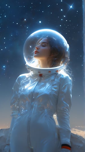 cinematic photo, 4k photo, extremely detail, sexy girl, floating in space, between the star, holding glowing globe moon, ((full glass astronat helmet)), ((sexy)), transparent astronat clothes, white, full body, pretty face, closeup shot ,painting by jakub rozalski,