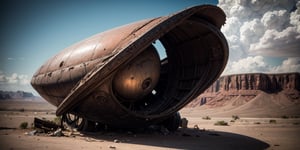 [giant UFO] [rusty broken spherical UFO, crashed, half stucked in the ground, damaged, abandoned], in a [desert], ((best quality)), ((masterpiece)), ((beautiful landscape)), soft light, hdr, intricate, highly detailed, sharp focus, insane details, intricate details, low contrast, soft light