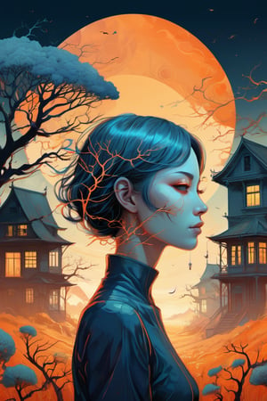 a colorful digital artwork of a woman's head and branches, in the style of haunting houses, graceful surrealism, depictions of urban life, dark sky-blue and orange, portraitures with hidden meanings, caricature-like illustrations, metropolis meets nature --ar --s 750 --niji 5 cat with a kung fuu stance in a field with sunsetin background infographic with illustrations,psychedelic, by victo ngai, kilian eng rainbow colours, dynamic lighting, digital art, winning award masterpiece, fantastically beautiful, illustration, aesthetically style of Stephan Martiniere, beksinski , trending on artstation, art by greg rutkowski, 8 k