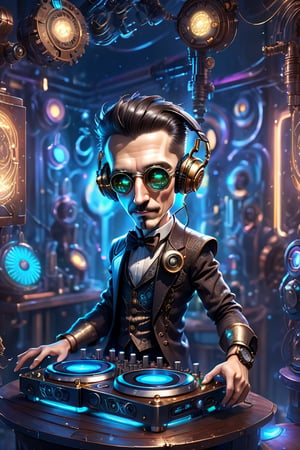 Best quality, high-res photo, cyber-steampunk style Nikola Tesla DJ in the night club, high-detailed, plays DJ instrument so passionly, cyber-steampunk style, chibi, DJ instrument, gears panels,  DJ headphone , crowd background, neon sparks, leds, sparkling, 3d style,chibi,cyberpunk style