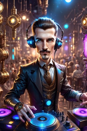 Best quality, high-res photo, cyber-steampunk style Nikola Tesla DJ in the night club, high-detailed, plays DJ instrument so passionly, cyber-steampunk style, chibi, DJ instrument, gears panels,  DJ headphone , crowd background, neon sparks, leds, sparkling, 3d style,chibi,cyberpunk style