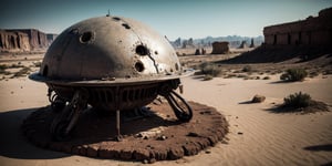 [giant rusty broken elliptic UFO, crashed, buried in the ground, damaged, abandoned], in a [desert], ((best quality)), ((masterpiece)), ((beautiful landscape)), soft light, hdr, intricate, highly detailed, sharp focus, insane details, intricate details, low contrast, soft light