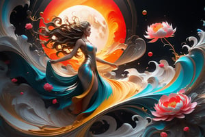 Jupiter, splash art, a close up liquid luminous moon lady made of colors, silver, red, orange, light yellow, grey golden, liquid fire peony flowers, filigree, filigree detailed, swirling fire flames, Galaxy, color drops, color waves, moonlight, splash style of colorful paint, hyperdetailed intricately detailed, unreal engine, fantastical, intricate detail, splash screen, complementary colors, fantasy, concept art, 8k resolution, masterpiece, oil painting, heavy strokes, paint dripping, splash arts, fantasy art, concept art, centered composition perfect composition, centered, intricated pose, intricated