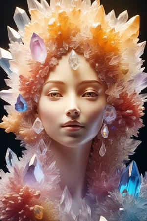 Colorful crystal cluster with light melding together to forming a human female face and chest, skin made out of crystal formations, living crystal. photo, studio lighting, Sony A7, 35mm, best quality, masterpiece, 8k, UHD, hyper-realistic, big depth of field, concept art, colors, hyperdetailed, hyperrealistic, (big depth of field), (ambient light), ((cinematic)),
