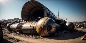 junkyard of [rusty broken 1950s UFOs, crashed in the ground, damaged, abandoned], in a [desert], ((best quality)), ((masterpiece)), ((beautiful landscape)), soft light, hdr, intricate, highly detailed, sharp focus, insane details, intricate details, low contrast, soft light