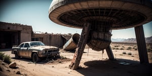 [giant rusty broken UFO, crashed, half buried in the ground, damaged, abandoned], in a [desert], ((best quality)), ((masterpiece)), ((beautiful landscape)), soft light, hdr, intricate, highly detailed, sharp focus, insane details, intricate details, low contrast, soft light