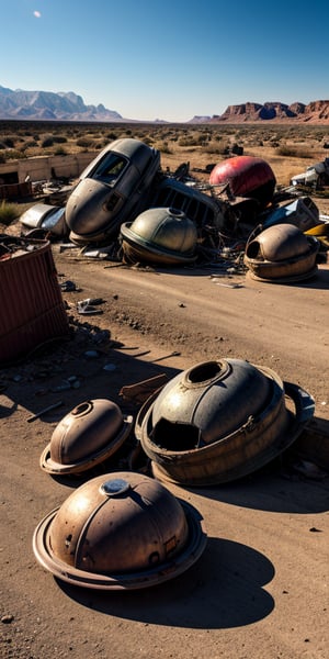 junkyard full of giant 1950s UFOs, crashed in the ground, damaged, rusty, abandoned, in a desert, ((no cars)), ((best quality)), ((masterpiece)), ((beautiful landscape)), soft light, hdr, intricate, highly detailed, sharp focus, insane details, intricate details, low contrast, soft light