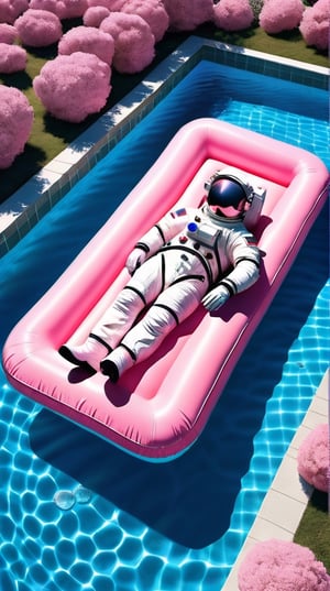 Astronaut lying on a pink floating mattress in a pool with blue water and nenuphars, in the style of the creator of the installation, August von Pettenkofen, long distance and deep distance, outdoor scenes, Jonathan Wolstenholme, Adventure Theme T, dreamlike,