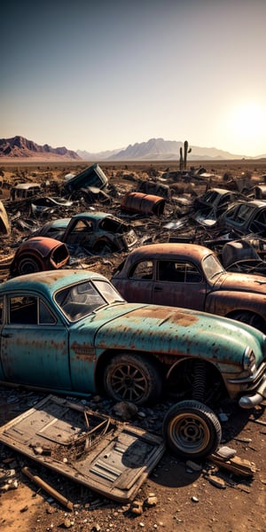 junkyard full of giant 1950s UFOs, crashed in the ground, damaged, rusty, abandoned, in a desert, ((no cars)), ((best quality)), ((masterpiece)), ((beautiful landscape)), soft light, hdr, intricate, highly detailed, sharp focus, insane details, intricate details, low contrast, soft light