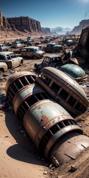 junkyard full of rusty broken 1950s UFOs, crashed in the ground, damaged, abandoned, in a desert, no cars, ((best quality)), ((masterpiece)), ((beautiful landscape)), soft light, hdr, intricate, highly detailed, sharp focus, insane details, intricate details, low contrast, soft light