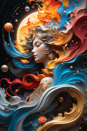 Jupiter, splash art, a close up liquid luminous moon lady made of colors, silver, red, orange, light yellow, grey golden, liquid fire peony flowers, filigree, filigree detailed, swirling fire flames, Galaxy, color drops, color waves, moonlight, splash style of colorful paint, hyperdetailed intricately detailed, unreal engine, fantastical, intricate detail, splash screen, complementary colors, fantasy, concept art, 8k resolution, masterpiece, oil painting, heavy strokes, paint dripping, splash arts, fantasy art, concept art, centered composition perfect composition, centered, intricated pose, intricated