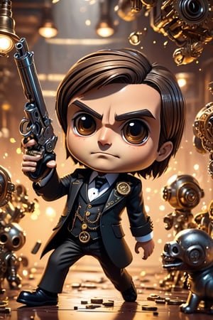 Best quality, high-res photo, steampunk style Jair Bolsonaro action the night club, high-detailed, gun and bloods so passionly, steampunk style, chibi, bullets , gears panels,  John wick suit , background, sparks, sparkling, 3d style,chibi