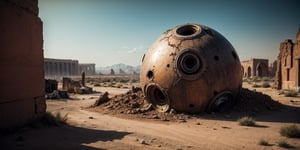[giant rusty broken spherical UFO, crashed, half stucked in the ground, damaged, abandoned], in a [desert], ((best quality)), ((masterpiece)), ((beautiful landscape)), soft light, hdr, intricate, highly detailed, sharp focus, insane details, intricate details, low contrast, soft light