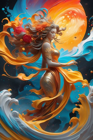 Jupiter, splash art, a close up liquid luminous moon lady made of colors, silver, red, orange, light yellow, grey golden, liquid fire peony flowers, filigree, filigree detailed, swirling fire flames, Galaxy, color drops, color waves, moonlight, splash style of colorful paint, hyperdetailed intricately detailed, unreal engine, fantastical, intricate detail, splash screen, complementary colors, fantasy, concept art, 8k resolution, masterpiece, oil painting, heavy strokes, paint dripping, splash arts, fantasy art, concept art, centered composition perfect composition, centered, intricated pose, intricated