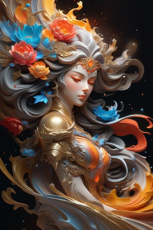 Jupiter, splash art, a close up liquid luminous moon lady made of colors, silver, red, orange, light yellow, grey golden, liquid fire peony flowers, filigree, filigree detailed, swirling fire flames, Galaxy, color drops, color waves, moonlight, splash style of colorful paint, hyperdetailed intricately detailed, unreal engine, fantastical, intricate detail, splash screen, complementary colors, fantasy, concept art, 8k resolution, masterpiece, oil painting, heavy strokes, paint dripping, splash arts, fantasy art, concept art, centered composition perfect composition, centered, intricated pose, intricated