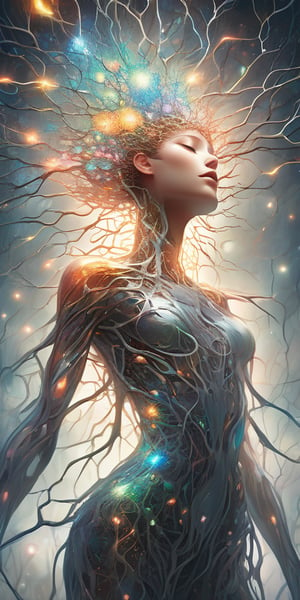 concept art breathtaking  translucent woman, (from below:1), (full body:3), made entirely out of brain neurons under microscope,  closed eyes, face peeling off , neurons firing, highly detailed, background is intricate brain neurons colorful structure with lightening effects connected to woman. award-winning, professional, highly detailed . digital artwork, illustrative, painterly, matte painting, highly detailed,dripping paint