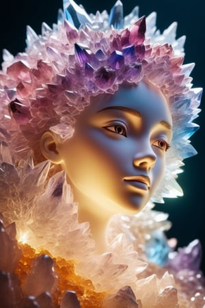 Colorful crystal cluster with light melding together to forming a human female face and chest, skin made out of crystal formations, living crystal. photo, studio lighting, Sony A7, 35mm, best quality, masterpiece, 8k, UHD, hyper-realistic, big depth of field, concept art, colors, hyperdetailed, hyperrealistic, (big depth of field), (ambient light), ((cinematic)),