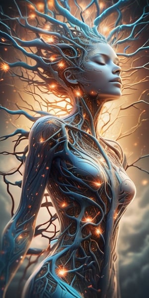 concept art breathtaking  translucent woman, (from below:1), (full body:3), made entirely out of brain neurons under microscope,  closed eyes, face peeling off , neurons firing, highly detailed, background is intricate brain neurons colorful structure with lightening effects connected to woman. award-winning, professional, highly detailed . digital artwork, illustrative, painterly, matte painting, highly detailed