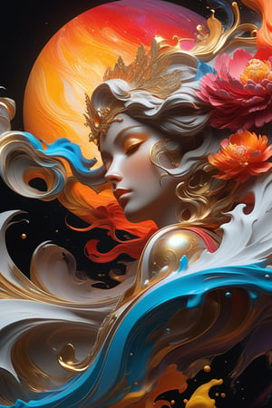 Jupiter, splash art, a close up liquid luminous moon lady made of colors, silver, red, orange, light yellow, grey golden, liquid fire peony flowers, filigree, filigree detailed, swirling fire flames, Galaxy, color drops, color waves, moonlight, splash style of colorful paint, hyperdetailed intricately detailed, unreal engine, fantastical, intricate detail, splash screen, complementary colors, fantasy, concept art, 8k resolution, masterpiece, oil painting, heavy strokes, paint dripping, splash arts, fantasy art, concept art, centered composition perfect composition, centered, intricated pose, intricated