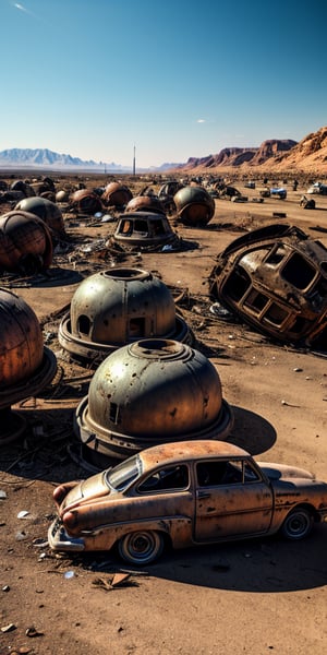 junkyard full of rusty broken 1950s UFOs, crashed in the ground, damaged, abandoned, in a desert, no cars, ((best quality)), ((masterpiece)), ((beautiful landscape)), soft light, hdr, intricate, highly detailed, sharp focus, insane details, intricate details, low contrast, soft light