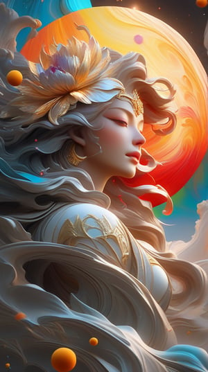 Jupiter, splash art, a close up liquid luminous moon lady made of colors, silver, red, orange, light yellow, grey golden, liquid fire peony flowers, filigree, filigree detailed, swirling fire flames, Galaxy, color drops, color waves, moonlight, splash style of colorful paint, hyperdetailed intricately detailed, unreal engine, fantastical, intricate detail, splash screen, complementary colors, fantasy, concept art, 8k resolution, masterpiece, oil painting, heavy strokes, paint dripping, splash arts, fantasy art, concept art, centered composition perfect composition, centered, intricated pose, intricated