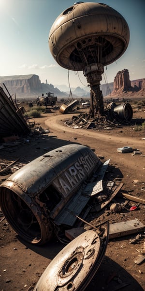 junkyard full of rusty broken 1950s UFOs, crashed in the ground, damaged, abandoned, in a desert, no cars, ((best quality)), ((masterpiece)), ((beautiful landscape)), soft light, hdr, intricate, highly detailed, sharp focus, insane details, intricate details, low contrast, soft light