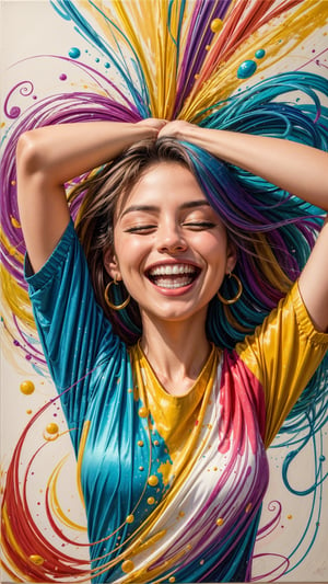 Abstract photo, upper body photo of 24 years old Victoria, abstract expressionism style, a happy woman surrounded by vibrant, swirling colors, radiant smile, eyes filled with joy and laughter, eyes closed, emotions splashed across the canvas, a burst of positivity and happiness, 