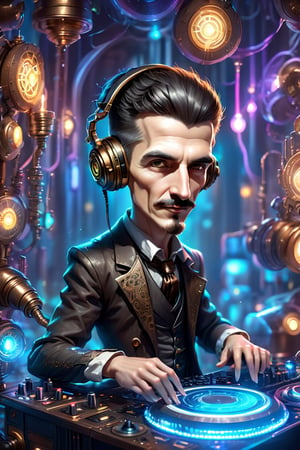 Best quality, high-res photo, cyber-steampunk style Nikola Tesla DJ in the night club, high-detailed, plays DJ instrument so passionly, cyber-steampunk style, chibi, DJ instrument, gears panels,  DJ headphone , crowd background, neon sparks, leds, sparkling, 3d style,chibi,cyberpunk style