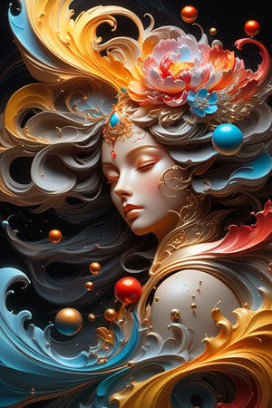 Jupiter, splash art, a close up liquid luminous moon lady made of colors, silver, red, orange, light yellow, grey golden, liquid fire peony flowers, filigree, filigree detailed, swirling fire flames, Galaxy, color drops, color waves, moonlight, splash style of colorful paint, hyperdetailed intricately detailed, unreal engine, fantastical, intricate detail, splash screen, complementary colors, fantasy, concept art, 8k resolution, masterpiece, oil painting, heavy strokes, paint dripping, splash arts, fantasy art, concept art, centered composition perfect composition, centered, intricated pose, intricated