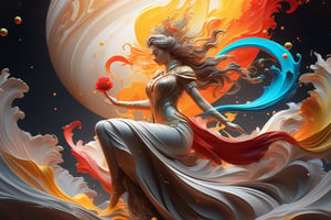 Jupiter, splash art, a close up liquid luminous moon lady made of colors, silver, red, orange, light yellow, grey golden, liquid fire peony flowers, filigree, filigree detailed, swirling fire flames, Galaxy, color drops, color waves, moonlight, splash style of colorful paint, hyperdetailed intricately detailed, unreal engine, fantastical, intricate detail, splash screen, complementary colors, fantasy, concept art, 8k resolution, masterpiece, oil painting, heavy strokes, paint dripping, splash arts, fantasy art, concept art, centered composition perfect composition, centered, intricated pose, intricated