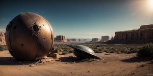 [giant rusty broken spherical UFO, crashed, half stucked in the ground, damaged, abandoned], in a [desert], ((best quality)), ((masterpiece)), ((beautiful landscape)), soft light, hdr, intricate, highly detailed, sharp focus, insane details, intricate details, low contrast, soft light