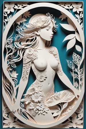 Stacked Papercut Art showcasing a Dreamy naked Girl: Deep layers of cut paper, naked girl surrounded by intricate design.