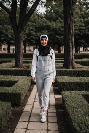 1girl,cute,26 yrs old,hijabi abaya,wearing dungaree,sneakers,smiling,casual dress,full body,most beautiful girl,white,hands in pocket,3d,8k,highly detailed,best quality,high resolution,masterpiece,cinematic lighting,studio,cute face,detailed face,garden,trees in background,rashmika ,b3rli,sonyeeun