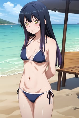 Miko Yotsuya, (8k, HD), 1 girl, alone, long hair, black hair, yellow eyes, beach, bikini, side slits, smile, blush, arms behind back,