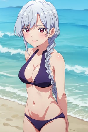 Nano Eiai, (8k, HD), 1 girl, long hair, alone, silver hair, locks, reddish brown eyes, hair tied in a braid, beach, bikini, blush, smile, arms behind back, looking at viewer,