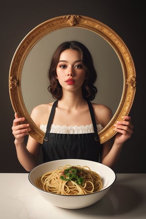 shooting foodstyling, spaghetti and sauce flying 
 BEST QUALITY, MASTERPIECE, PHOTOREALISTIC:1.9, DRAMATIC LIGHT, infinite mirror background,
,colorful_girl_v2,arshadArt,alluring_lolita_girl,anamr