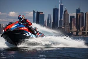 jetski in a port of  new york city i realistic photography, 50mm 1.4f, natural lowlight, high res, dark ,photography,high resolution faces, hiper realistic water, black google helmet, photo more landscape
