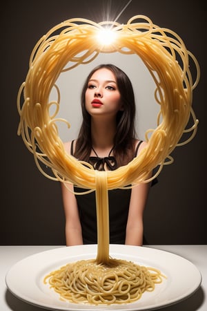 shooting foodstyling, flying tornado of spaghetti
 BEST QUALITY, MASTERPIECE, PHOTOREALISTIC:1.9, DRAMATIC LIGHT, infinite mirror background,
,colorful_girl_v2,arshadArt,alluring_lolita_girl,anamr