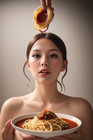 shooting foodstyling,, spaghetti are flying, splash of tomato sauce
 BEST QUALITY, MASTERPIECE, PHOTOREALISTIC:1.9, DRAMATIC LIGHT, infinite mirror background,
,colorful_girl_v2,arshadArt,alluring_lolita_girl,anamr