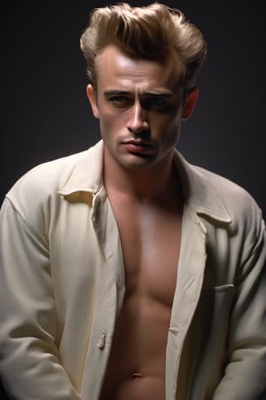 RAW natural photo OF james dean , slim body, realisct, no friendly, ((full body)), sharp focus, depth of field, shoot, ,side shot, side shot, ultra hd, realistic, vivid colors, highly detailed, perfect composition, 8k artistic photography, photorealistic concept art, soft natural volumetric cinematic perfect light, black background studio, ,OHWX, naked, full nude,OHWX WOMEN,