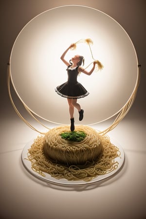 shooting foodstyling, flying spaghetti
 BEST QUALITY, MASTERPIECE, PHOTOREALISTIC:1.9, DRAMATIC LIGHT, infinite mirror background,
,colorful_girl_v2,arshadArt,alluring_lolita_girl,anamr