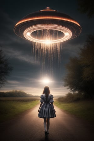 UFO abducting one girl, alt night in far away land,outdoor
 BEST QUALITY, MASTERPIECE, PHOTOREALISTIC:1.9, DRAMATIC LIGHT, infinite mirror background,
,colorful_girl_v2,arshadArt,alluring_lolita_girl,anamr